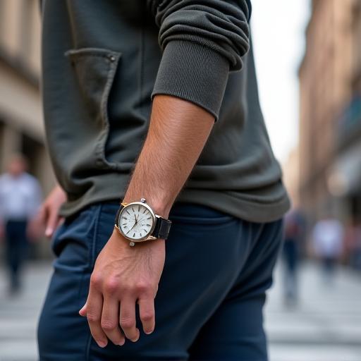 Uomo che passeggia in città con un orologio casual