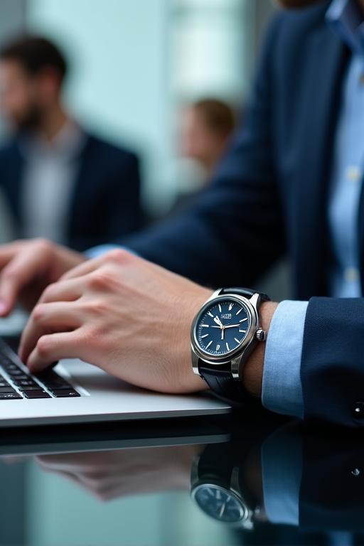 Uomo d'affari che lavora al computer con un orologio elegante al polso