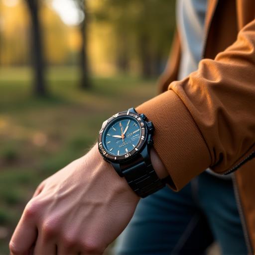 Primo piano di un orologio sportivo al polso durante un'uscita nel fine settimana